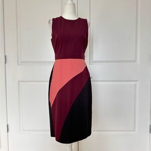 Ann Taylor Burgundy and Coral Colorblock Midi Sheath Dress